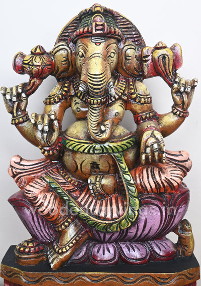 Ganesha on Pink Lotus Holding Pasa and Ankusha Ayuthas Wooden Sculpture 19"