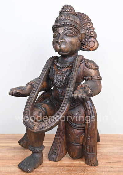 Wooden Vayu Puthra Hanuman Sitting Handmade Unique Sculpture 17"