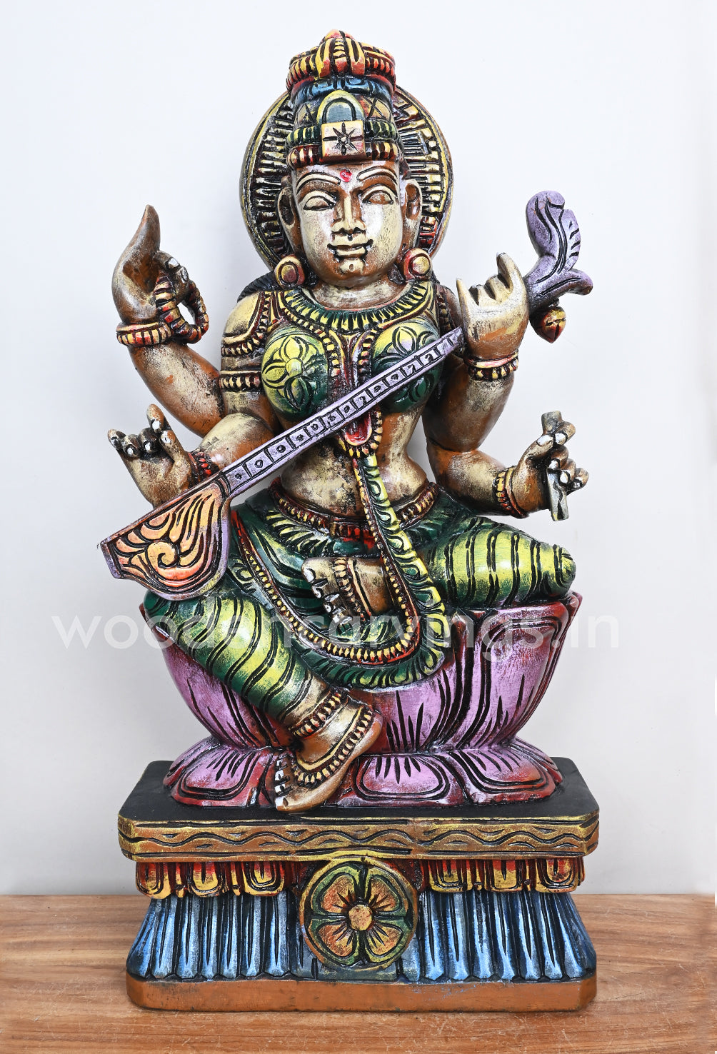 Coloured Collection of Goddess Saraswathi on Pink Lotus Wooden Sculpture 25"