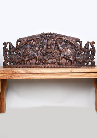 Maha Gaja Lakshmi Auspicious Arch Vaagai Wood Handmade Horizontal Wall Panel 41"