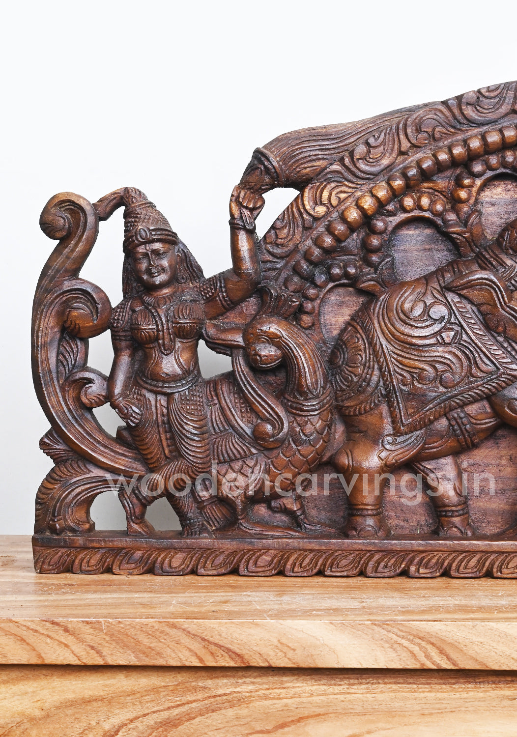 Maha Gaja Lakshmi Auspicious Arch Vaagai Wood Handmade Horizontal Wall Panel 41"