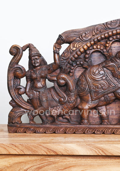 Maha Gaja Lakshmi Auspicious Arch Vaagai Wood Handmade Horizontal Wall Panel 41"