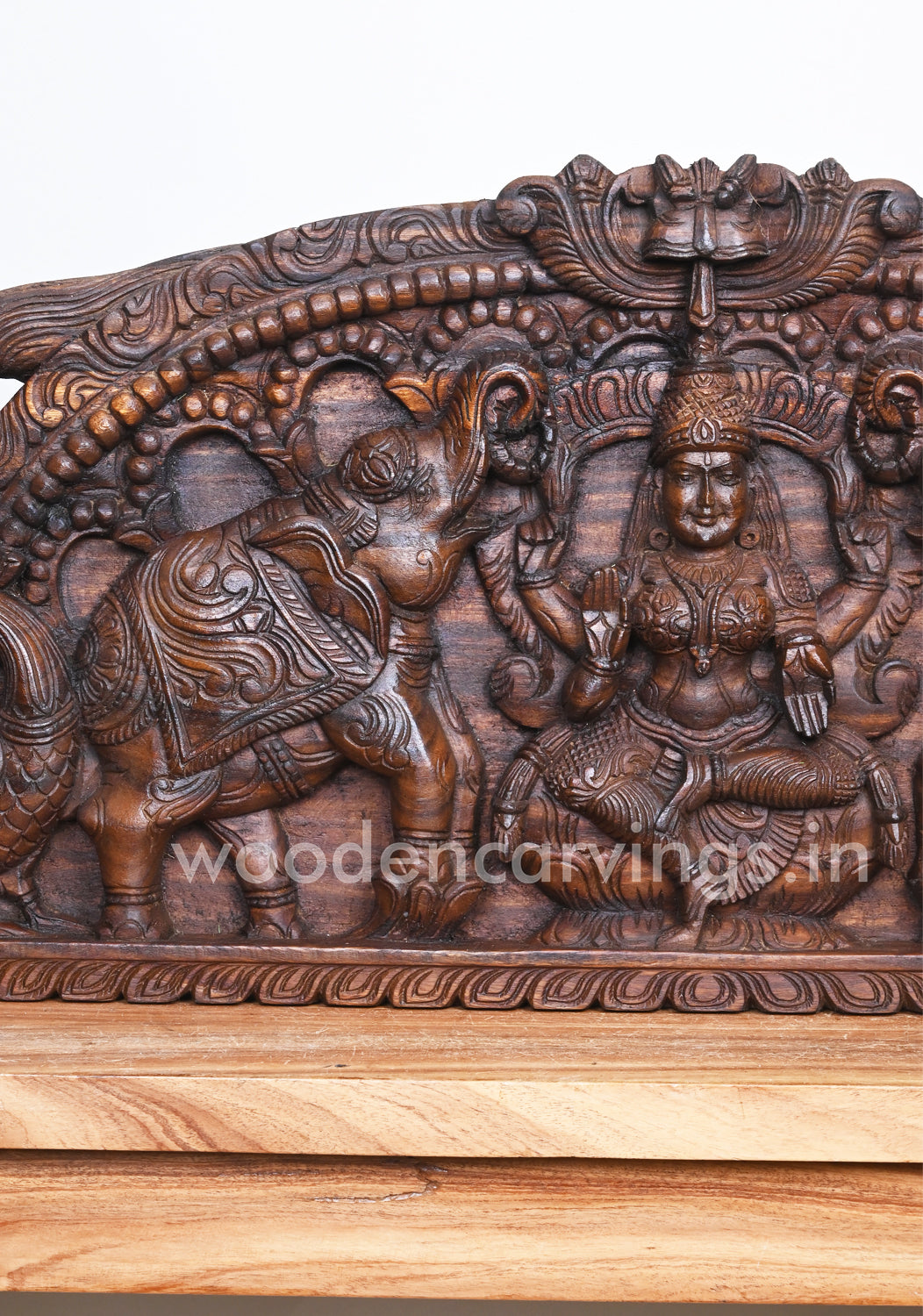 Maha Gaja Lakshmi Auspicious Arch Vaagai Wood Handmade Horizontal Wall Panel 41"