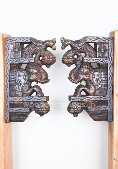 Paired Elephants With Paired Paired Upraised Trunk Dark Brown Wall Brackets 15"