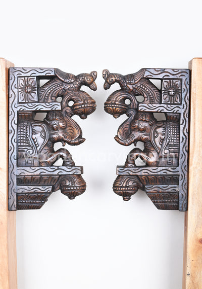 Paired Elephants With Paired Paired Upraised Trunk Dark Brown Wall Brackets 15"
