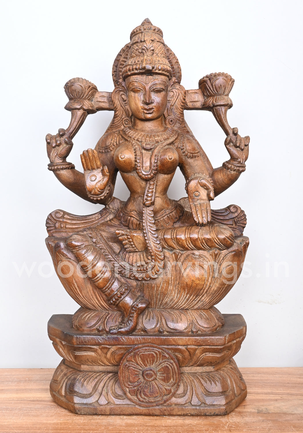 Samutrika Lakshana Mangalakara MahaLakshmi Seated on Lotus Wooden Sculpture 19"