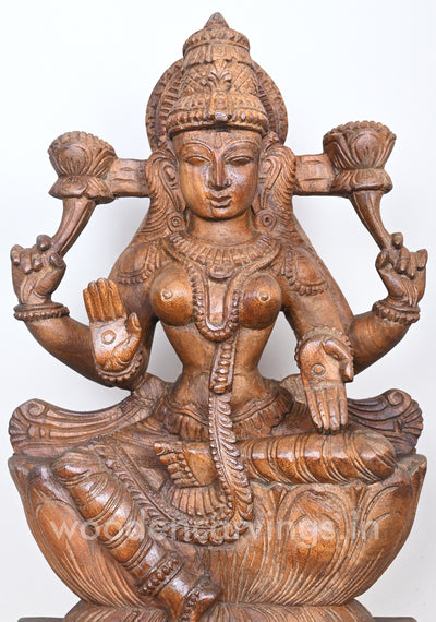 Samutrika Lakshana Mangalakara MahaLakshmi Seated on Lotus Wooden Sculpture 19"