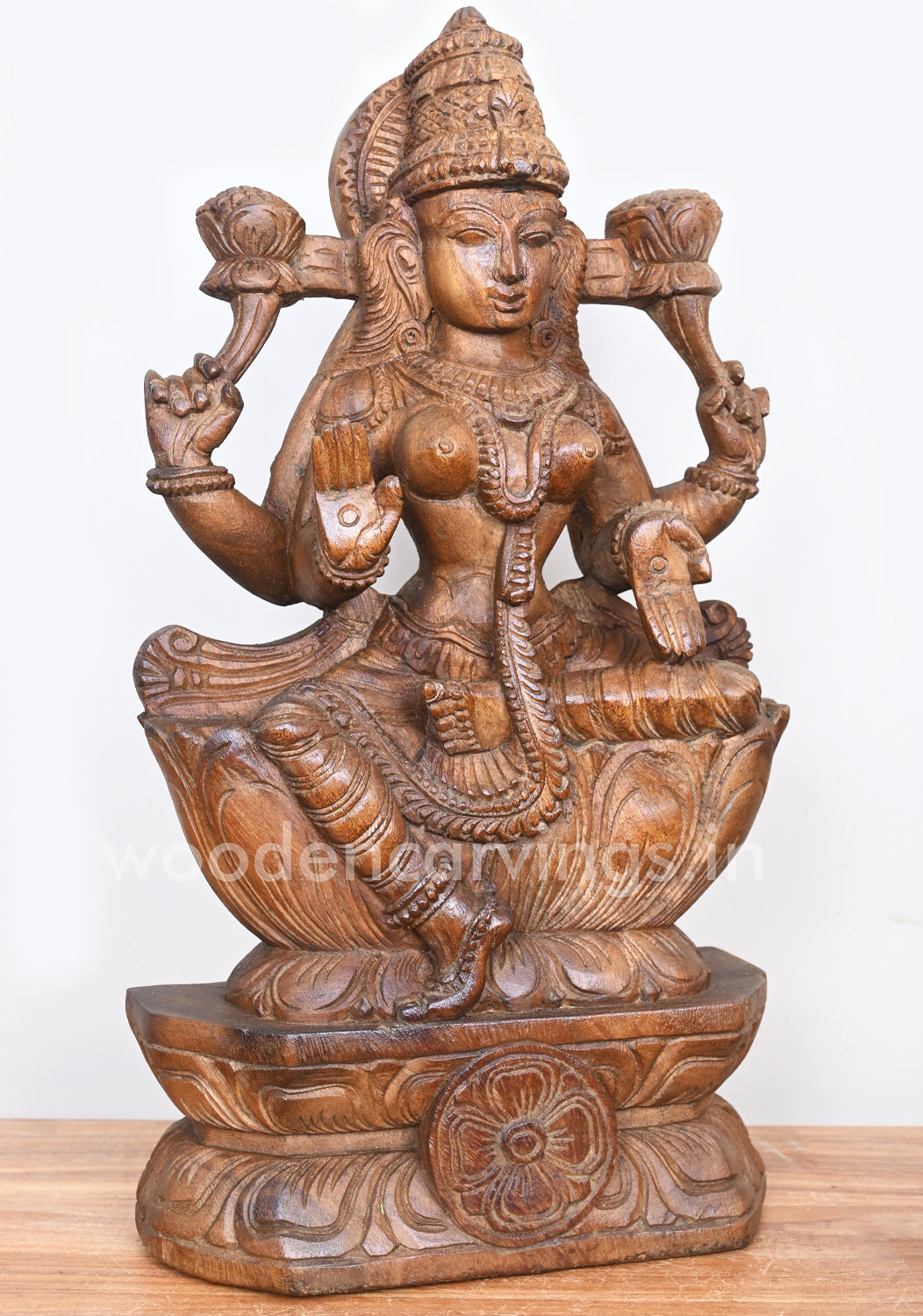 Samutrika Lakshana Mangalakara MahaLakshmi Seated on Lotus Wooden Sculpture 19"