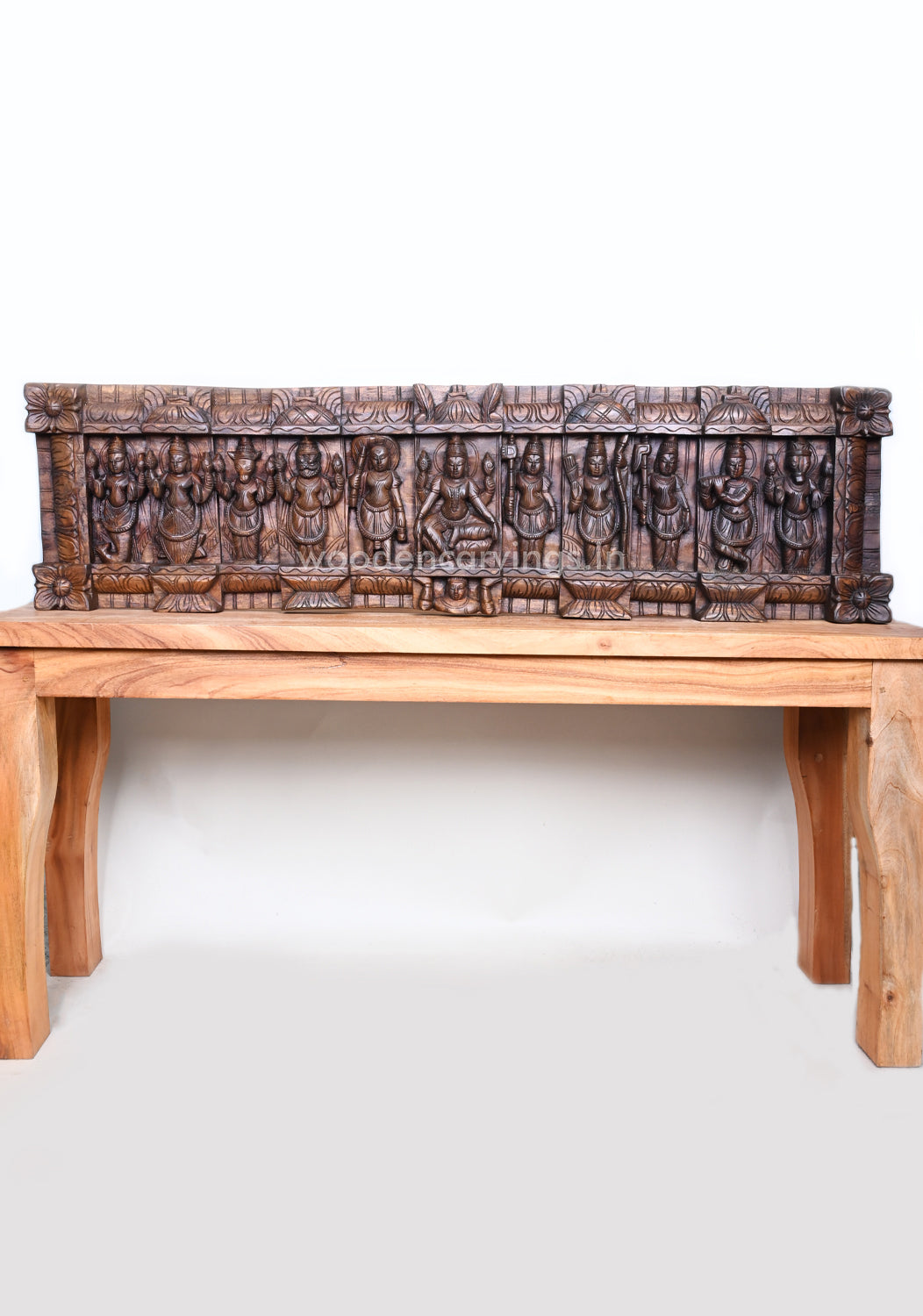 Horizontal Lord Vishnu Ten Powerful Avatars Destroy Evils Wooden Wall Panel 48"