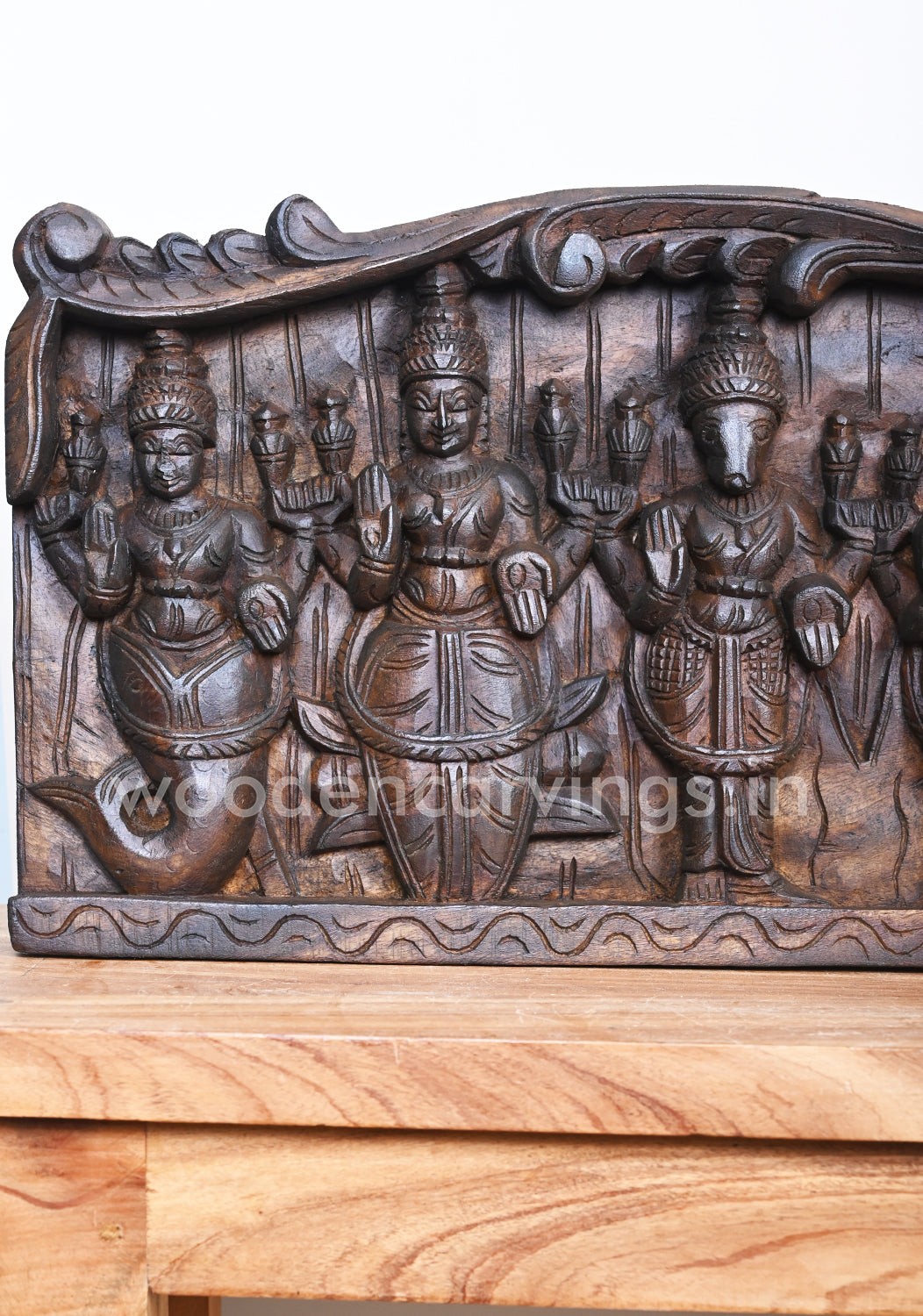 Beautiful Floral Design Horizontal Lord Vishnu Dasavatars Home Decor Wooden Wall Panel 48"