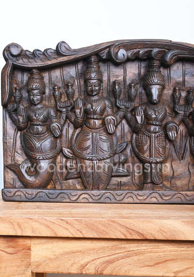 Beautiful Floral Design Horizontal Lord Vishnu Dasavatars Home Decor Wooden Wall Panel 48"
