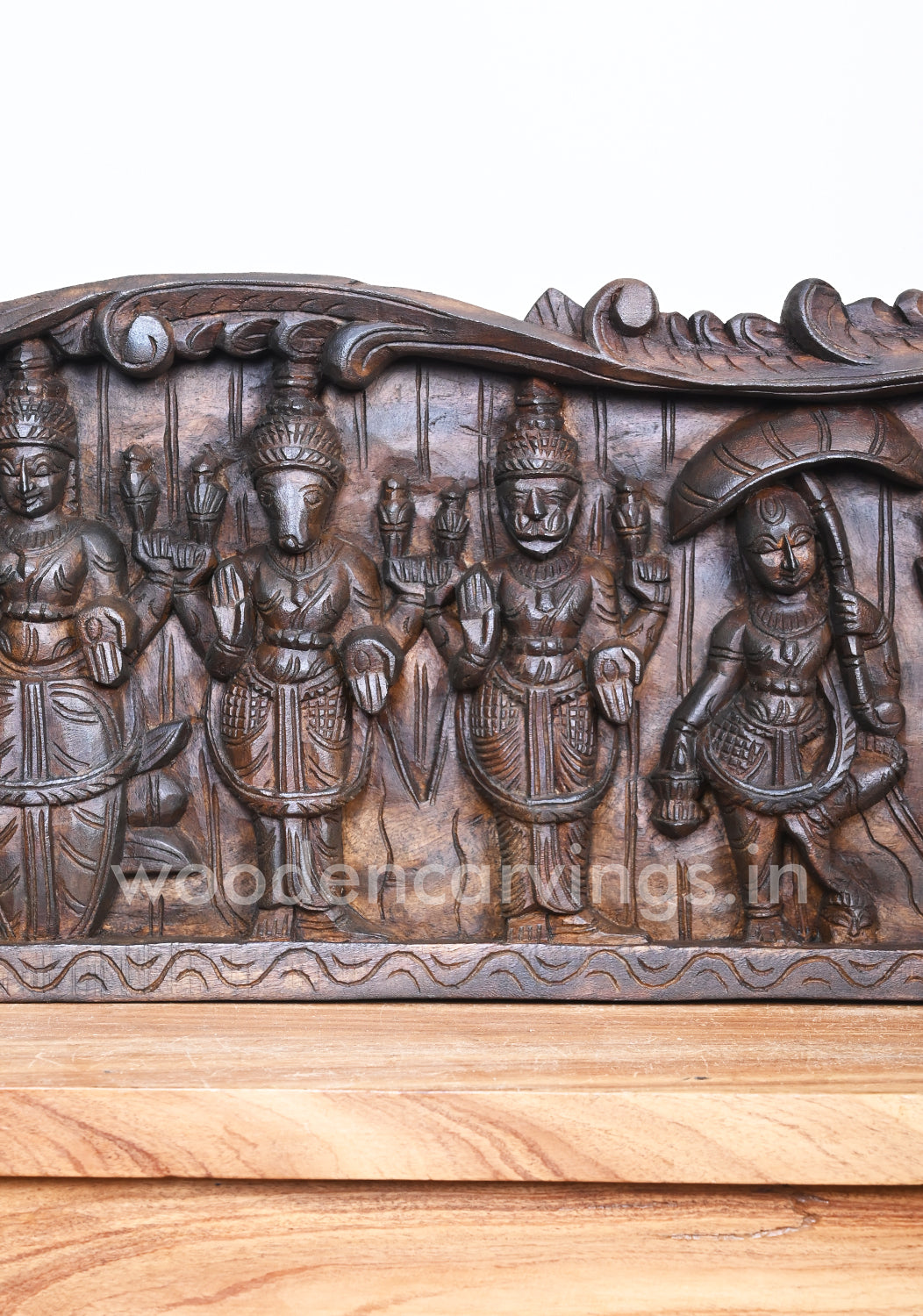 Beautiful Floral Design Horizontal Lord Vishnu Dasavatars Home Decor Wooden Wall Panel 48"