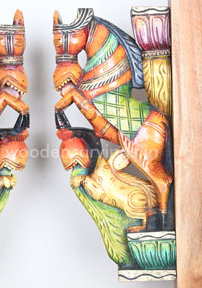 Wooden Paired Horse Upraised Legs on Ancient Animal Yaazhi Wooden Wall Brackets 18"