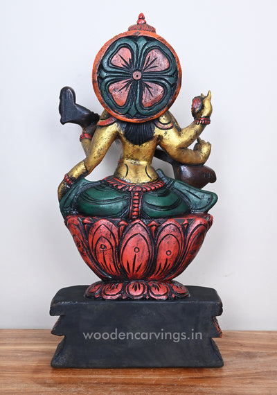 Smiling Goddess Saraswathi Seated on Red Lotus Beautiful Wooden Sculpture 24"