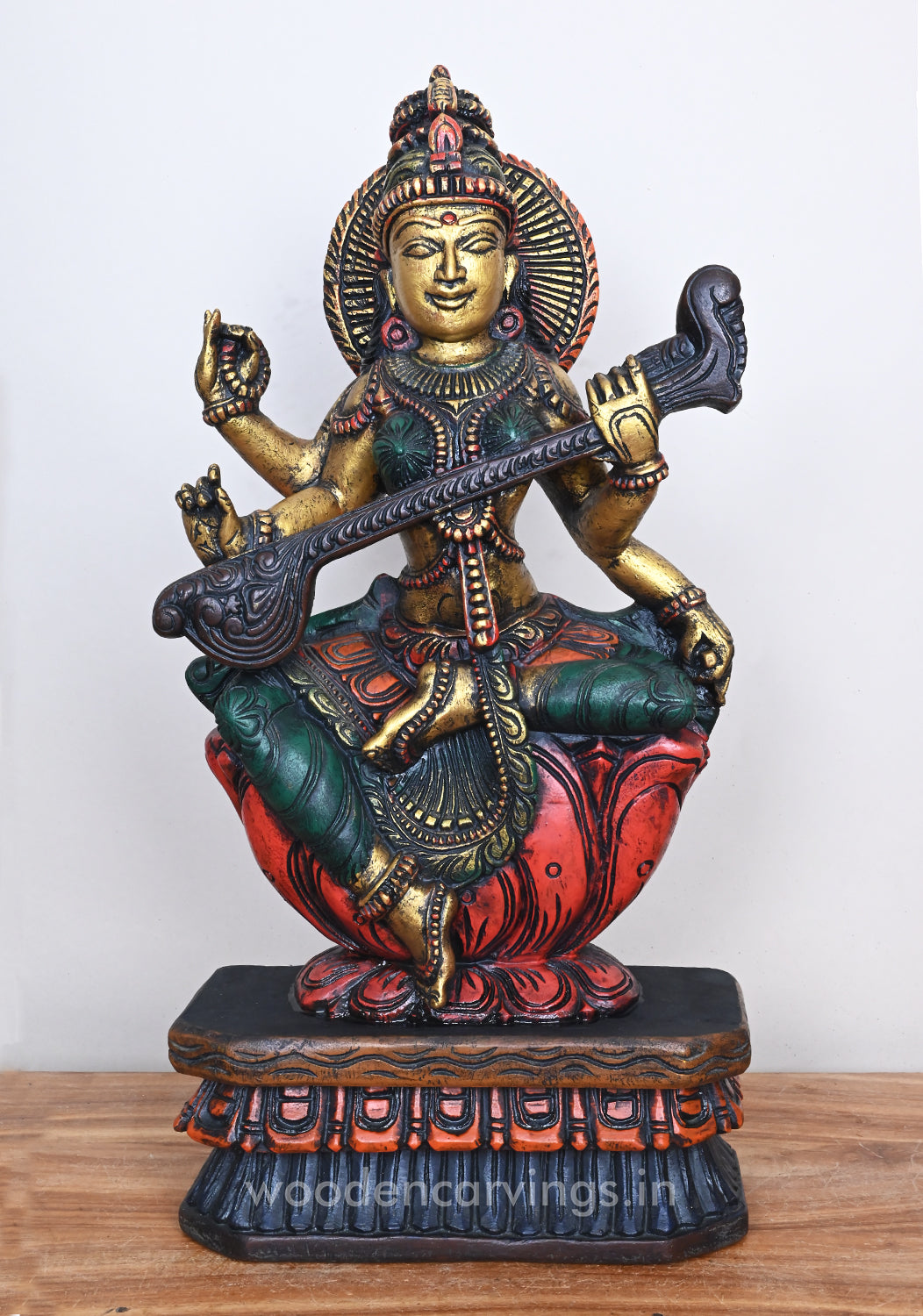 Smiling Goddess Saraswathi Seated on Red Lotus Beautiful Wooden Sculpture 24"