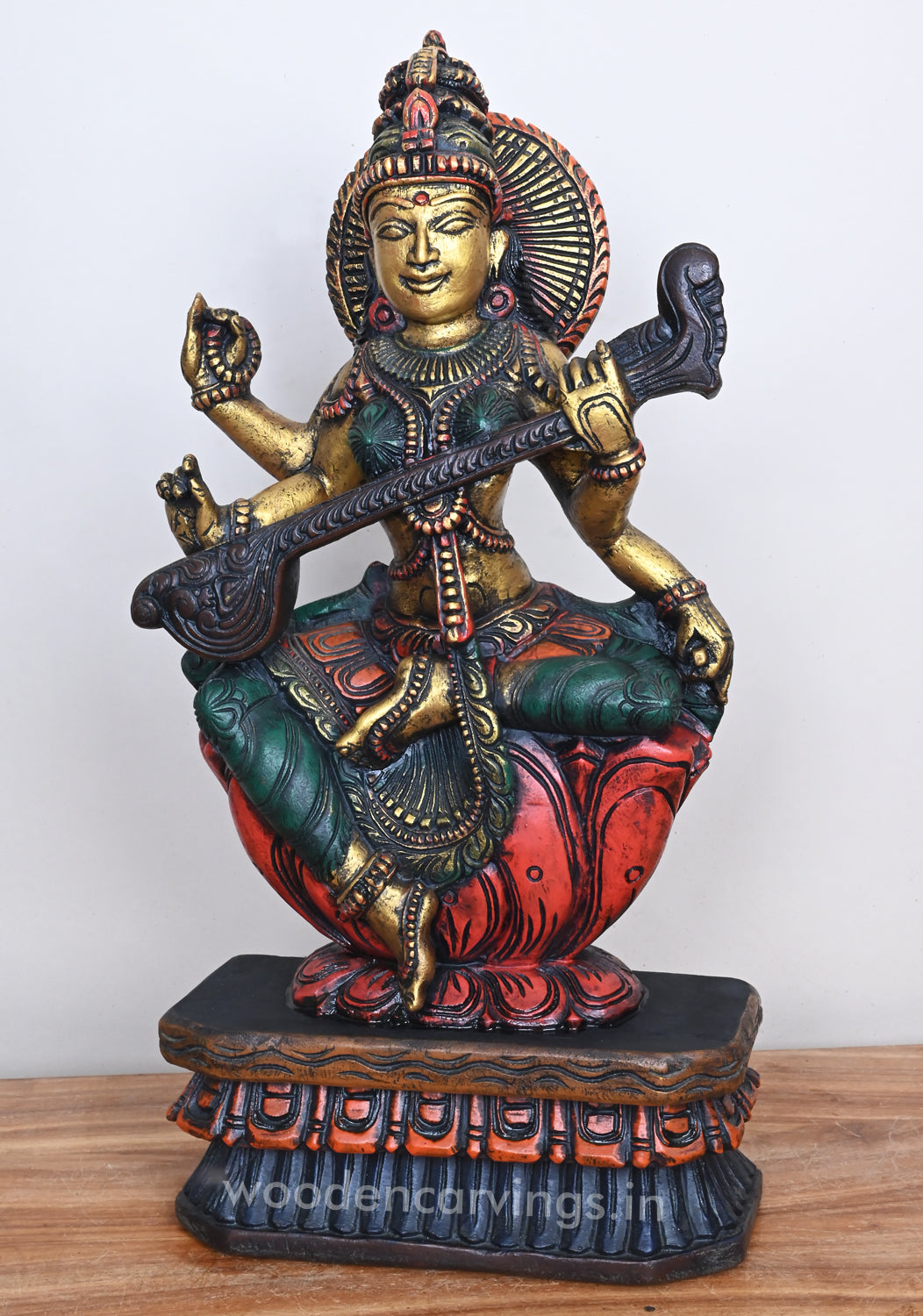 Smiling Goddess Saraswathi Seated on Red Lotus Beautiful Wooden Sculpture 24"