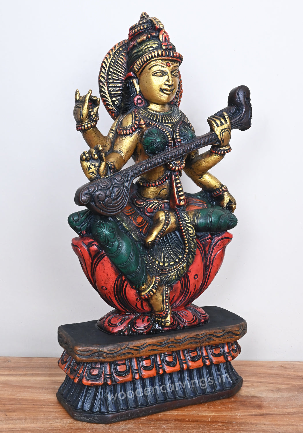 Smiling Goddess Saraswathi Seated on Red Lotus Beautiful Wooden Sculpture 24"