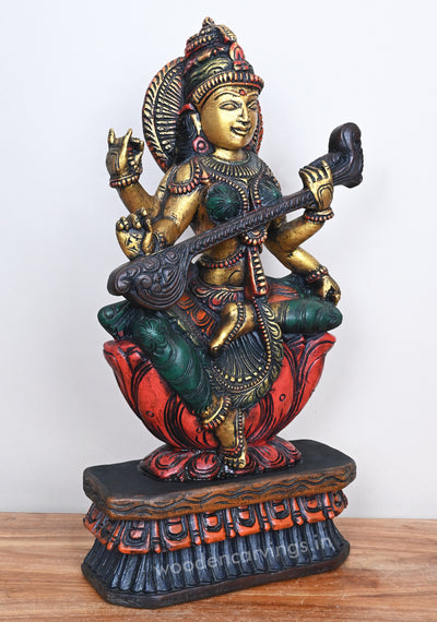 Smiling Goddess Saraswathi Seated on Red Lotus Beautiful Wooden Sculpture 24"