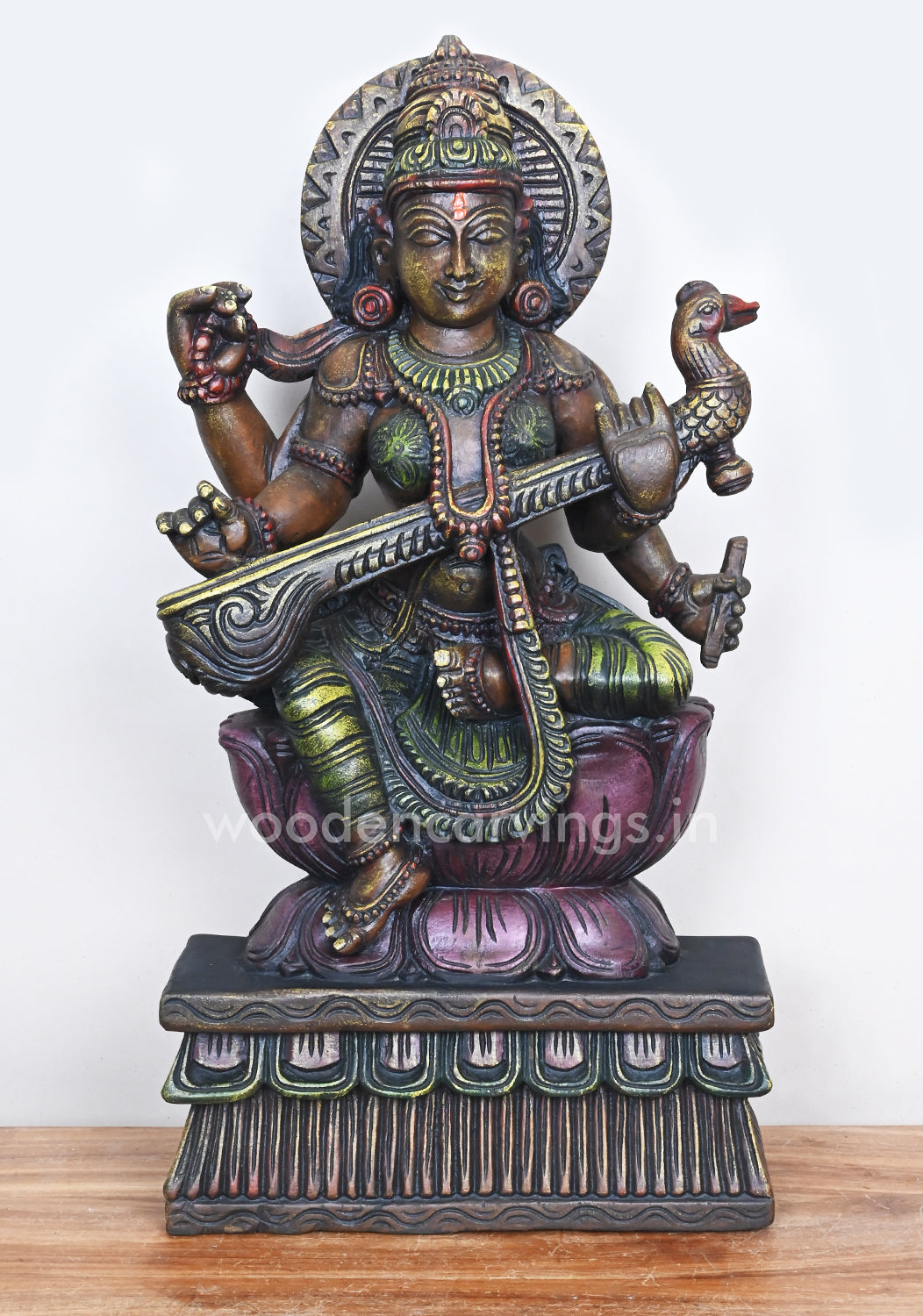 Gorgeous Handmade Saraswathi Playing With Veena Showpiece Wooden Sculpture 24"