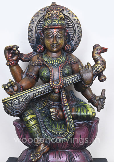 Gorgeous Handmade Saraswathi Playing With Veena Showpiece Wooden Sculpture 24"