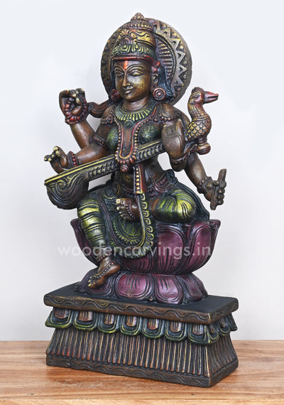 Gorgeous Handmade Saraswathi Playing With Veena Showpiece Wooden Sculpture 24"
