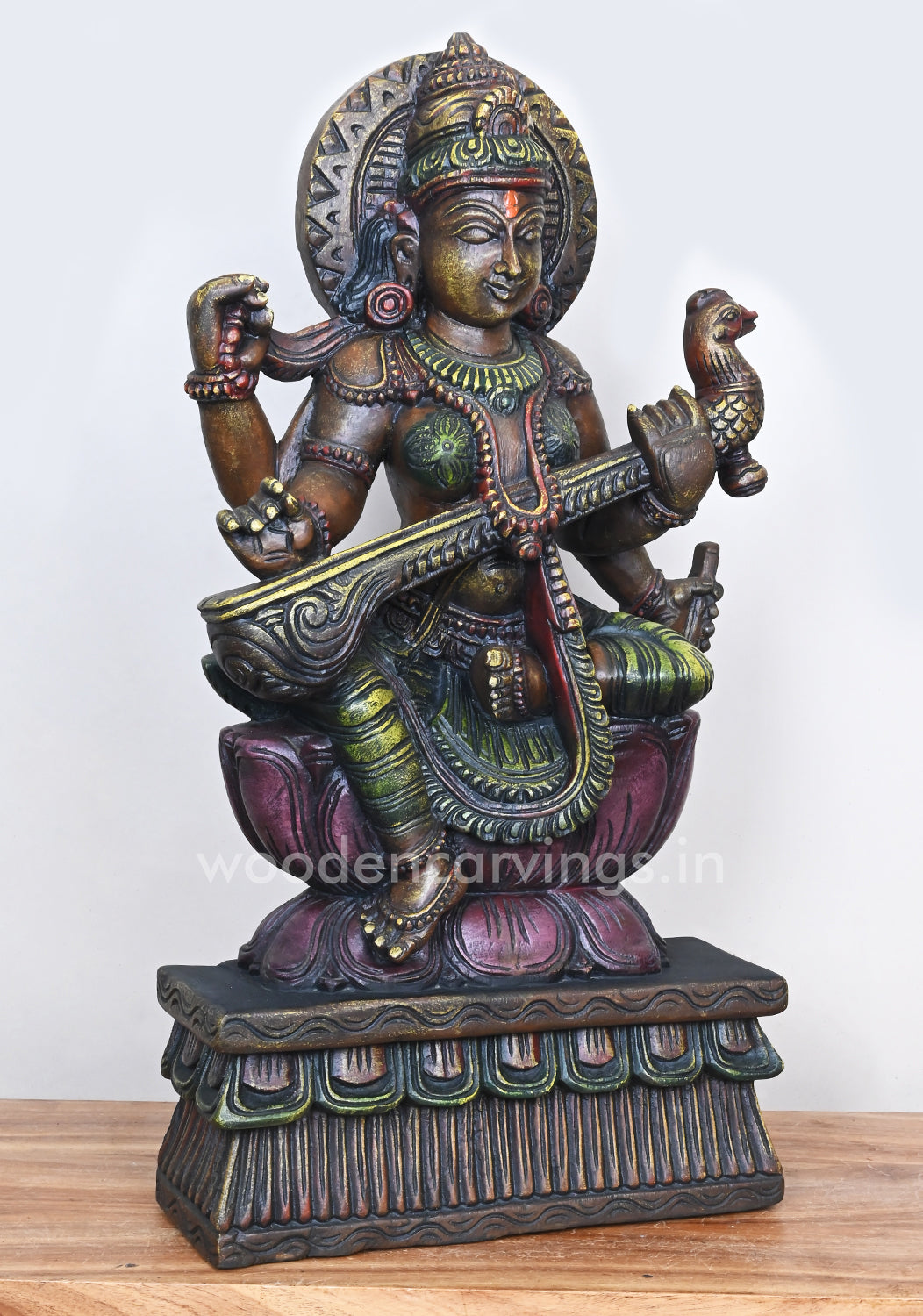 Gorgeous Handmade Saraswathi Playing With Veena Showpiece Wooden Sculpture 24"