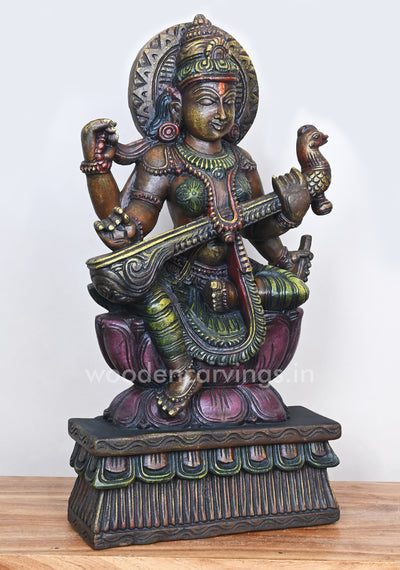 Gorgeous Handmade Saraswathi Playing With Veena Showpiece Wooden Sculpture 24"