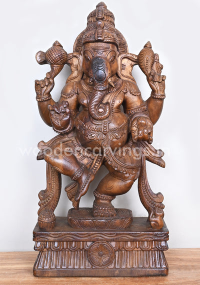 Pooja Room Decor Showpiece of Dancing Ganesha Standing on Lotus Wooden Sculpture 25"
