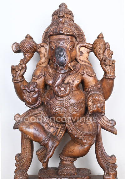 Pooja Room Decor Showpiece of Dancing Ganesha Standing on Lotus Wooden Sculpture 25"