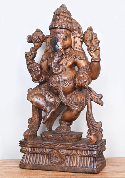 Pooja Room Decor Showpiece of Dancing Ganesha Standing on Lotus Wooden Sculpture 25"