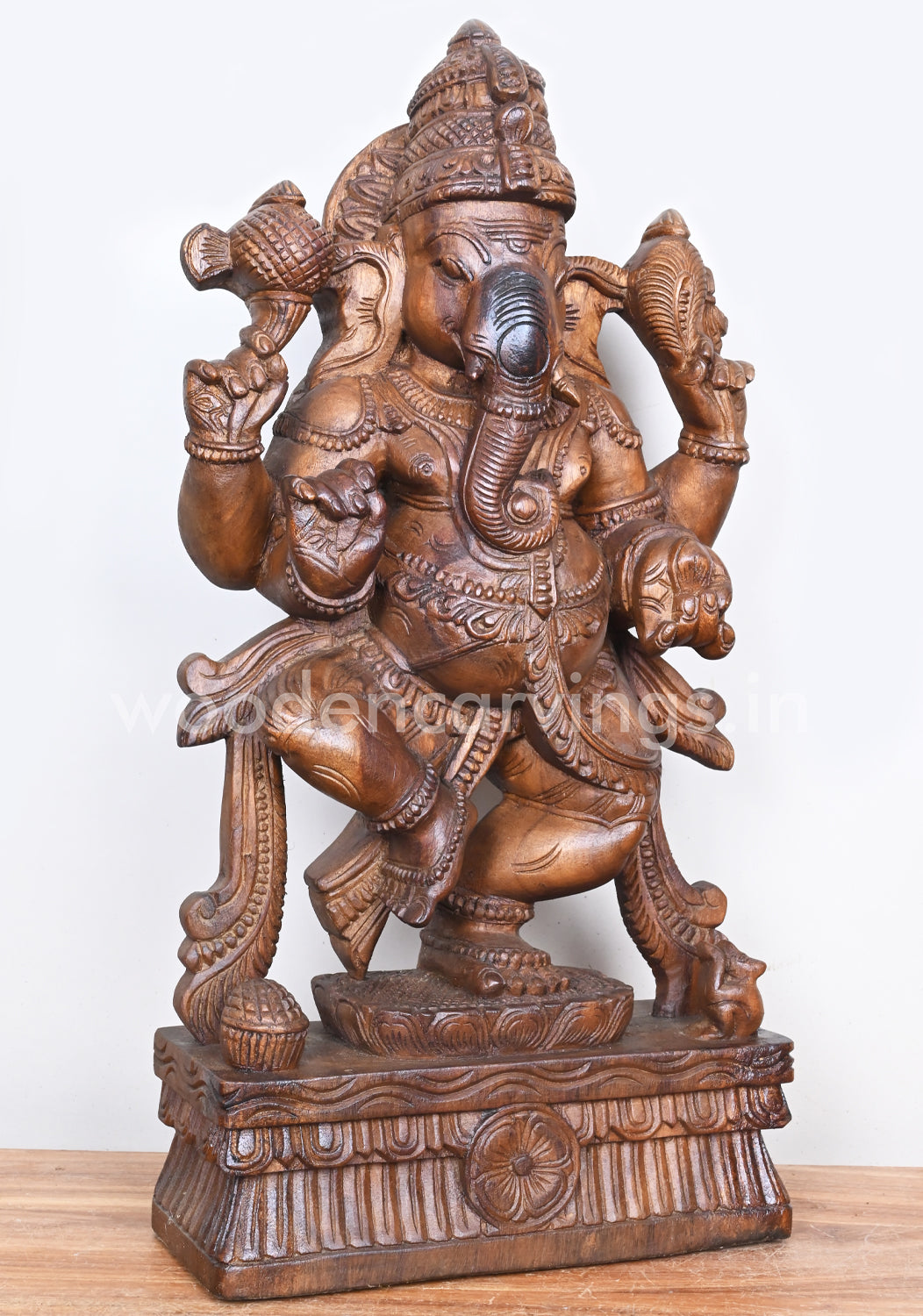 Pooja Room Decor Showpiece of Dancing Ganesha Standing on Lotus Wooden Sculpture 25"