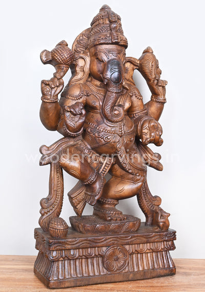 Pooja Room Decor Showpiece of Dancing Ganesha Standing on Lotus Wooden Sculpture 25"