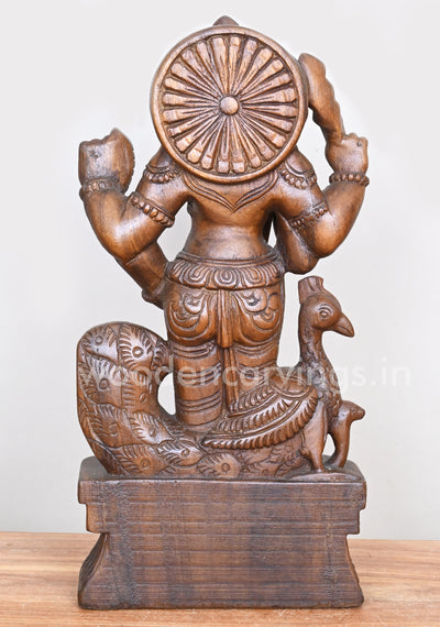 Standing Lord Muruga Holding Velayutha and Standing With Peacock Wooden Sculpture 18"