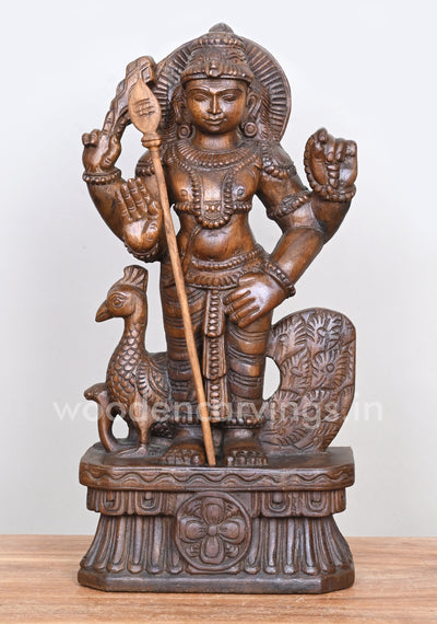 Standing Lord Muruga Holding Velayutha and Standing With Peacock Wooden Sculpture 18"