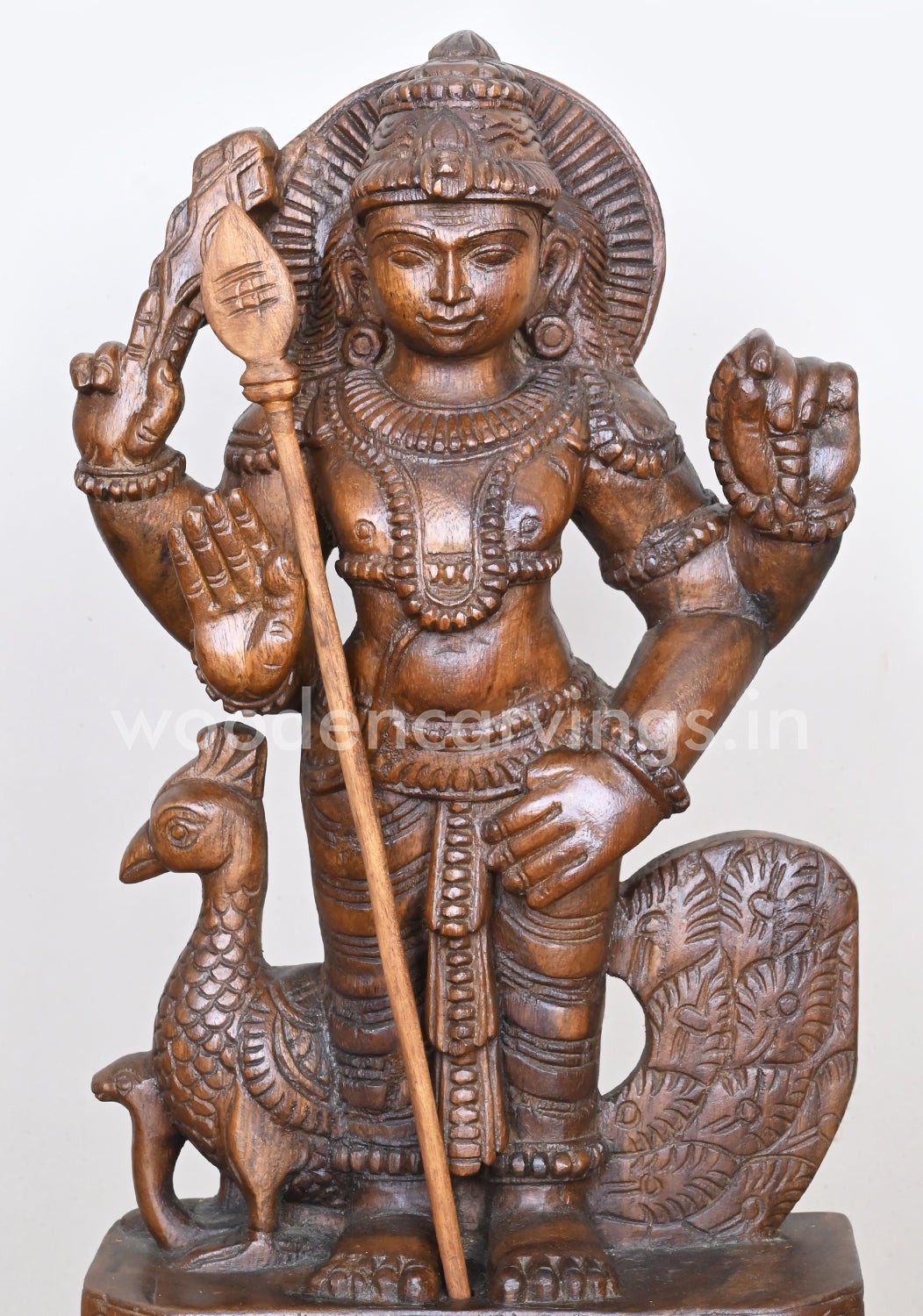 Standing Lord Muruga Holding Velayutha and Standing With Peacock Wooden Sculpture 18"