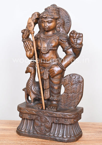 Standing Lord Muruga Holding Velayutha and Standing With Peacock Wooden Sculpture 18"