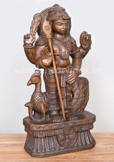 Standing Lord Muruga Holding Velayutha and Standing With Peacock Wooden Sculpture 18"