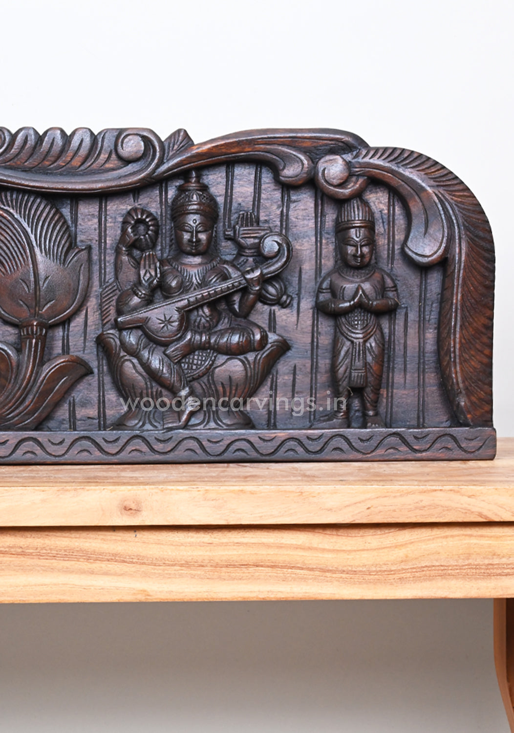 Petal Leaf Design Gaja Ganesha With Two Powerful Goddess Lakshmi and Saraswathi Panel 43"