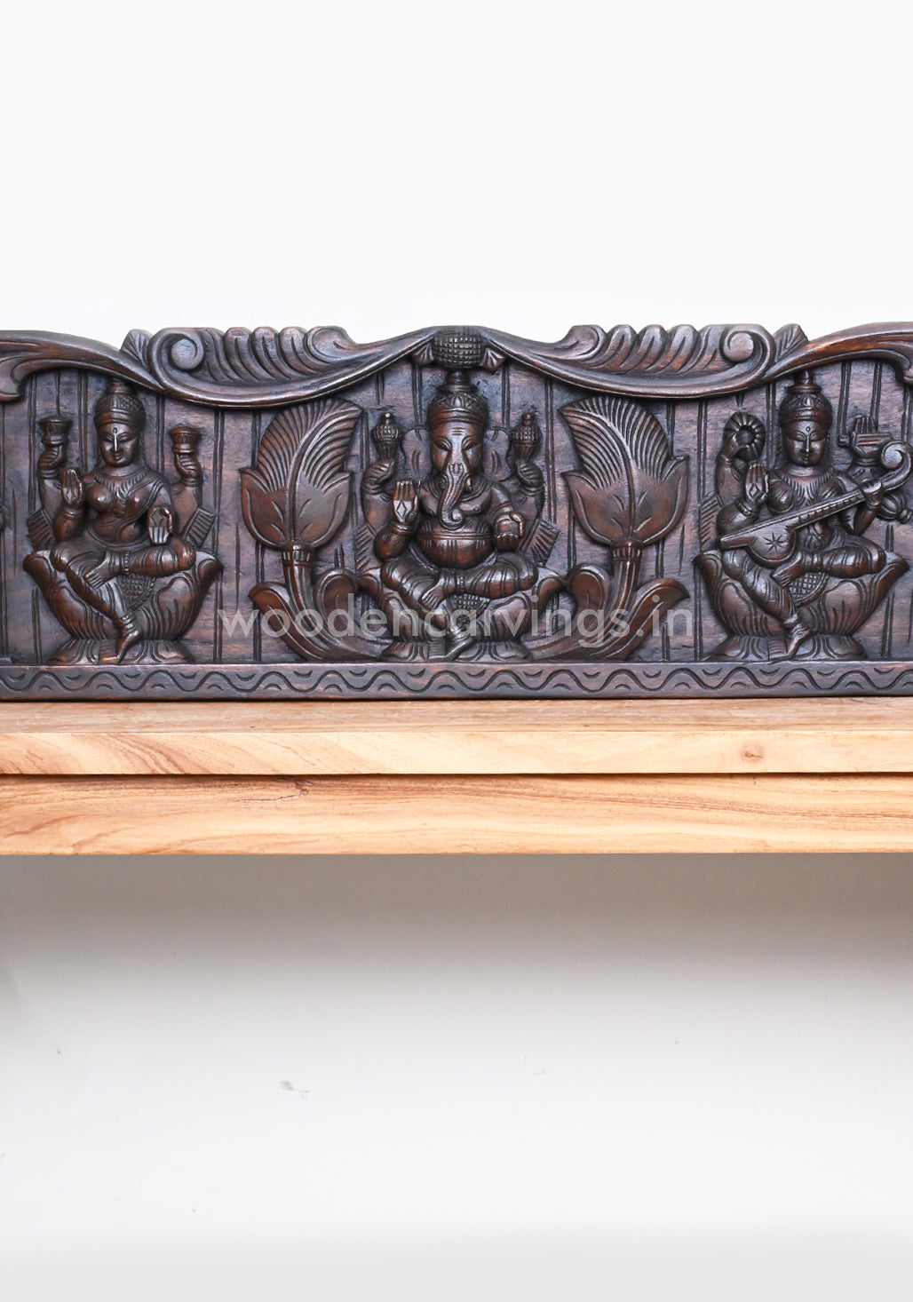 Petal Leaf Design Gaja Ganesha With Two Powerful Goddess Lakshmi and Saraswathi Panel 43"