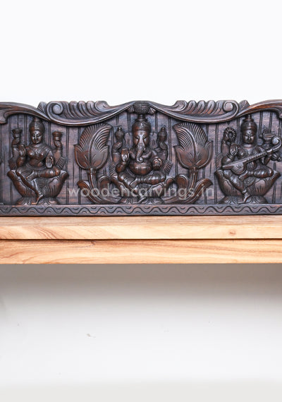 Petal Leaf Design Gaja Ganesha With Two Powerful Goddess Lakshmi and Saraswathi Panel 43"
