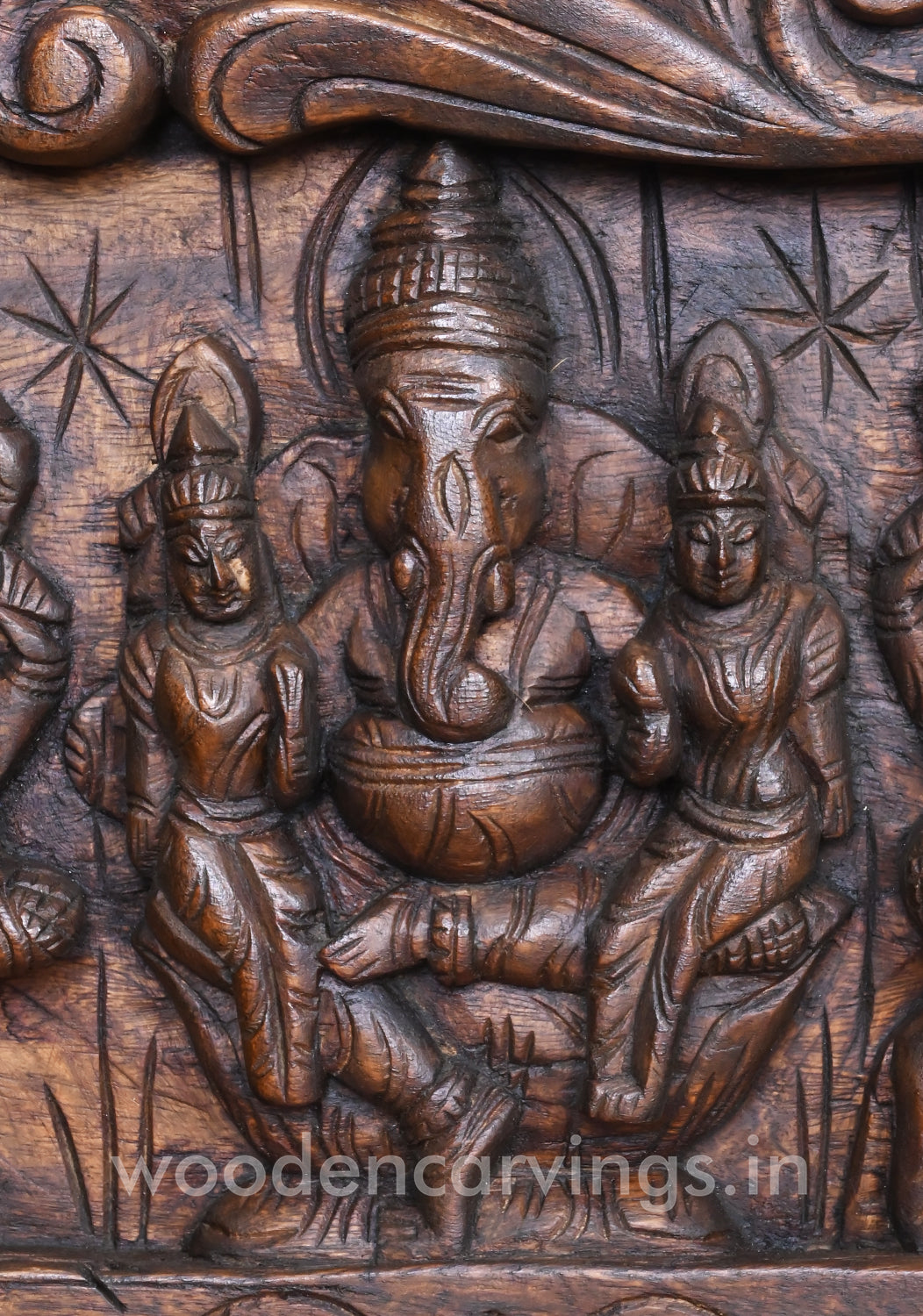 Attractive Handmade Work of Asta Ganesha With Goddess GajaLakshmi Horizontal Wooden Panel 60"