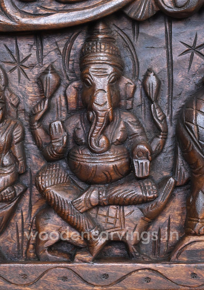 Attractive Handmade Work of Asta Ganesha With Goddess GajaLakshmi Horizontal Wooden Panel 60"