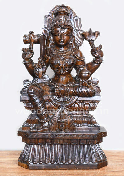 Wooden Powerful Goddess Maa Durga Briskly Seated on Base Polished Finishing Sculpture 22"