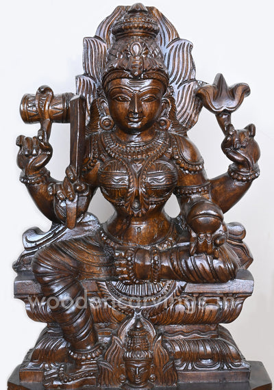 Wooden Powerful Goddess Maa Durga Briskly Seated on Base Polished Finishing Sculpture 22"