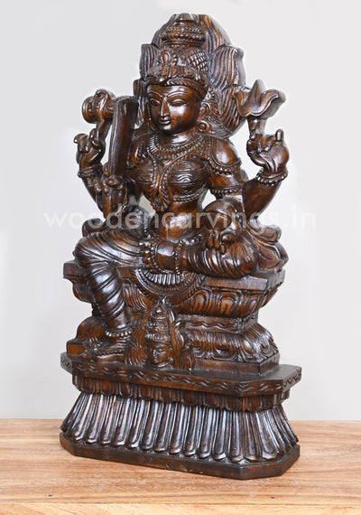 Wooden Powerful Goddess Maa Durga Briskly Seated on Base Polished Finishing Sculpture 22"