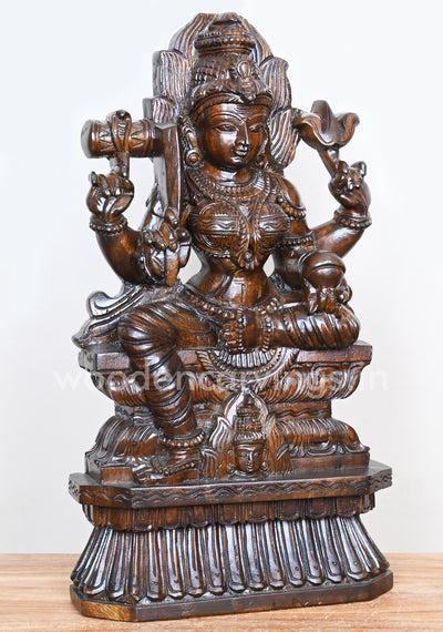 Wooden Powerful Goddess Maa Durga Briskly Seated on Base Polished Finishing Sculpture 22"