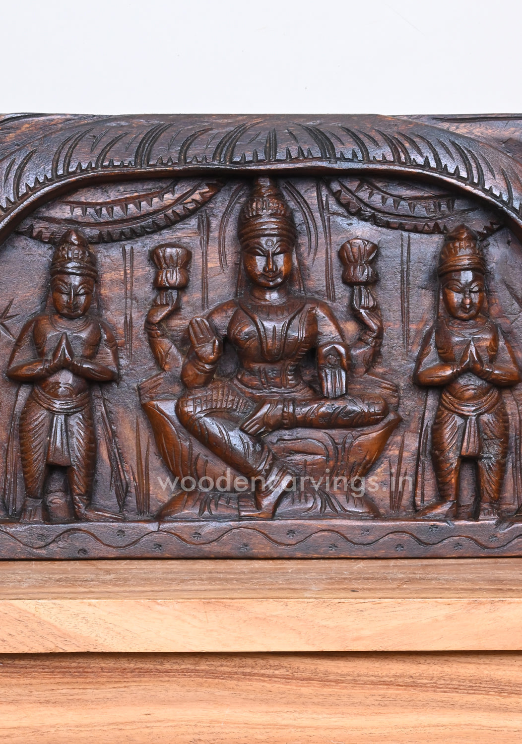 Goddess Lakshmi With Two Standing Sevagars Arch Petal Design Handmade Horizontal Panel 23"