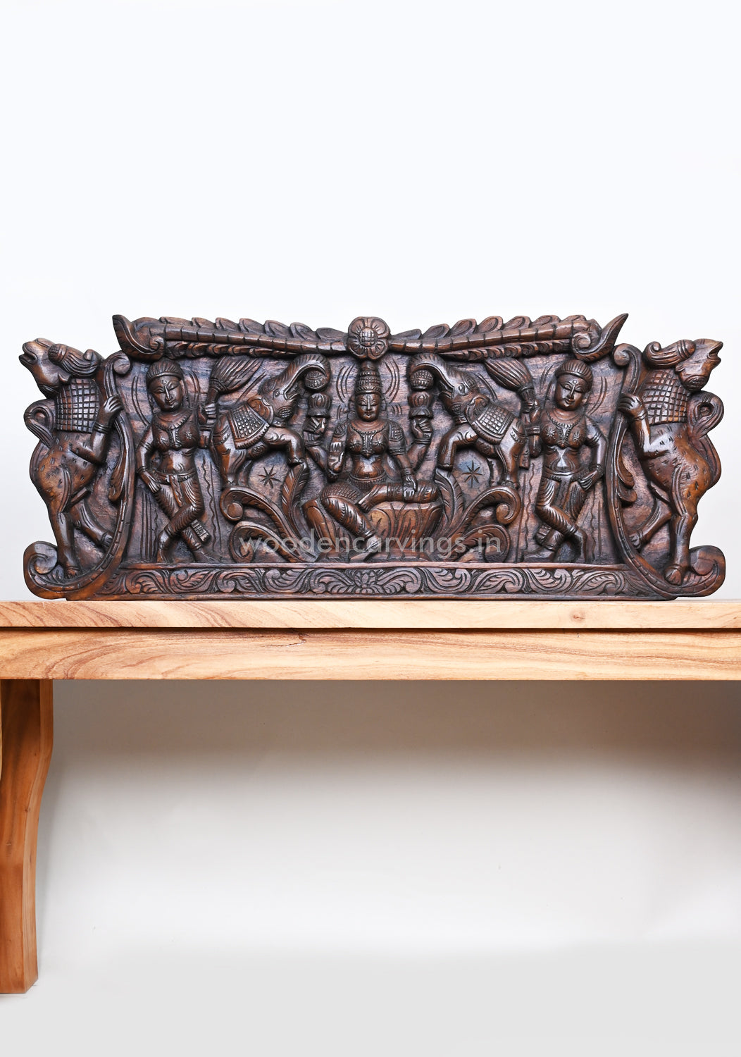 Gorgeous GajaLakshmi with Standing Animal Yaazhi and Sevagis Horizontal Wall Panel 36"