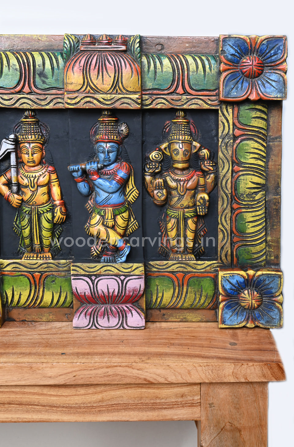 Colourful Attractive Mahavishnu Horizontal Ten Powerful Avatars Handmade Wooden Wall Panel 54"