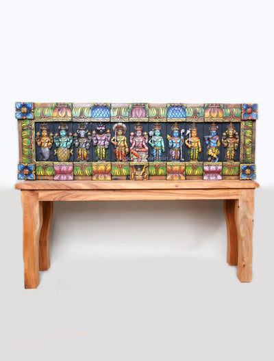 Colourful Attractive Mahavishnu Horizontal Ten Powerful Avatars Handmade Wooden Wall Panel 54"